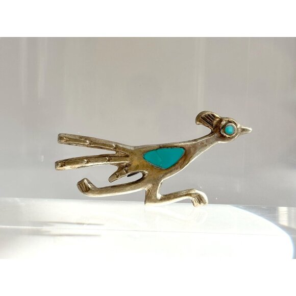 Navajo Road Runner Sterling Silver Turquoise Southwest Vintage Brooch - Picture 4 of 10
